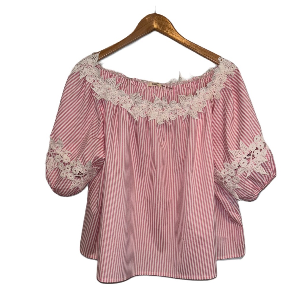 San Joy Pink & White Striped Off the Shoulder Blouse With Lace Detail Size L